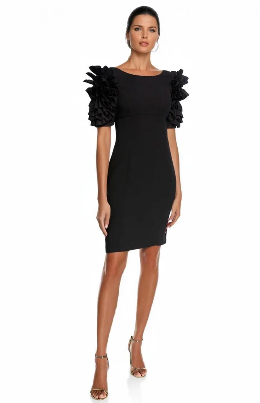 Shani Sheath Dress Womens US 12 Black Ruffle Rosette Sleeve Cocktail LBD Party